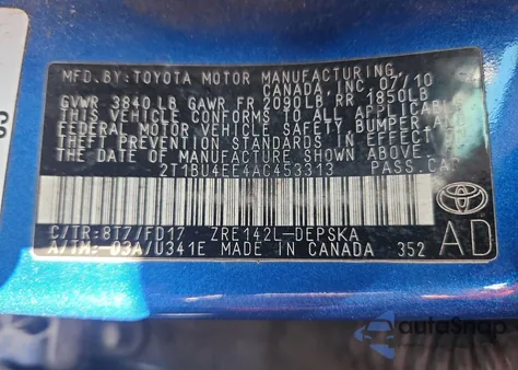 2010 Toyota Corolla Base from USA, damaged, VIN 2T1BU4EE4AC453313